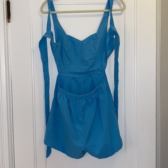 Bow Tie Open Back Blue Summer Romper - Picture 8 of 10